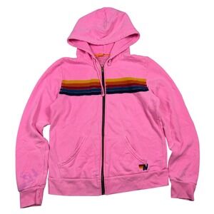 Aviator Nation Pink 5-Stripe Rainbow Zip Up Hoodie Sweatshirt Mens Medium